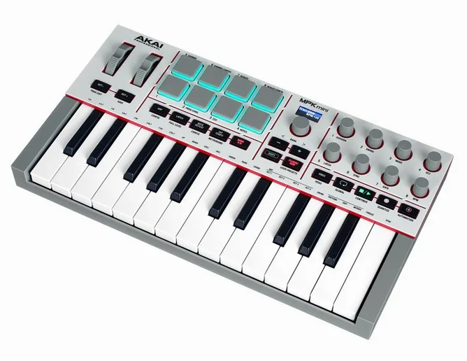 AKAI Professional MPK Mini IV Gray framifrån mot vit bakgrund