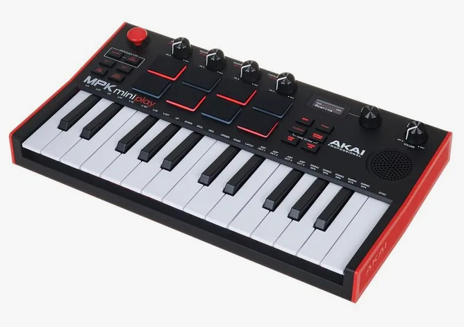 AKAI Professional MPK mini Play MK3 framifrån mot vit bakgrund