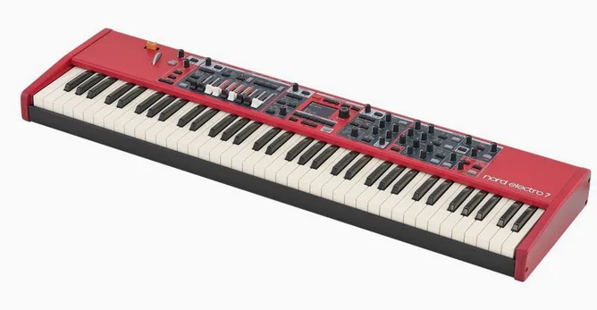 Clavia Nord Electro 7 73 framifrån mot vit bakgrund