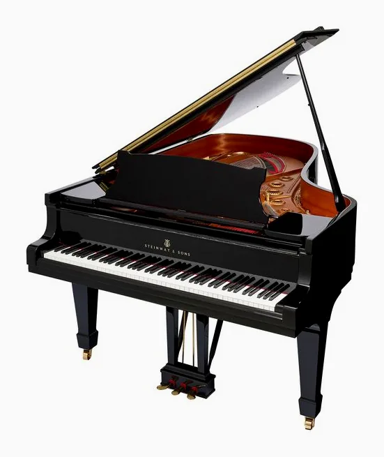 Steinway & Sons B-211 framifrån mot vit bakgrund