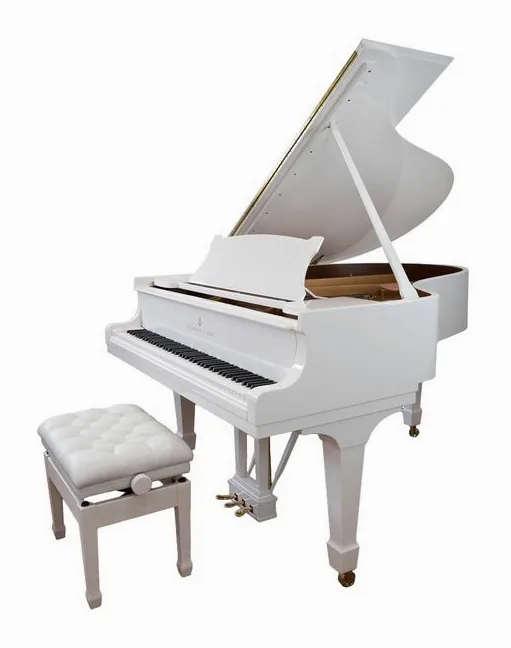 Steinway & Sons M-170 White framifrån mot vit bakgrund