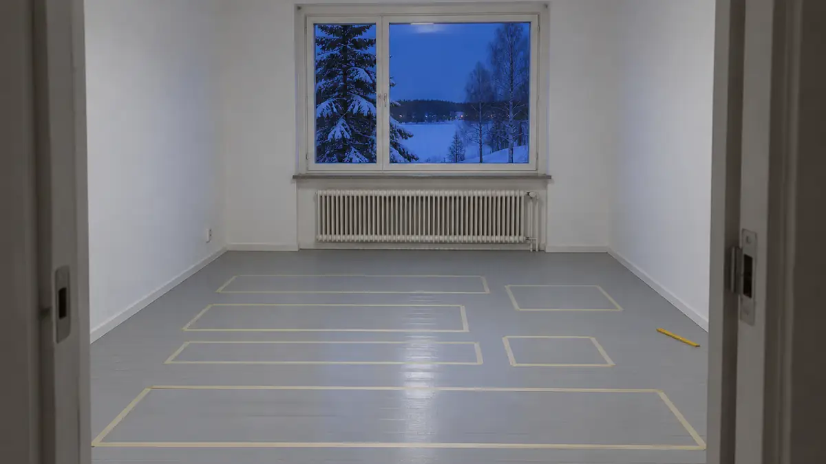 Ett golv med tejpade konturer i olika bredder